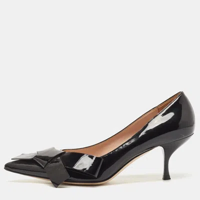 Pre-owned Miu Miu Black Patent Leather Bow Pointed Toe Pumps Size 37.5