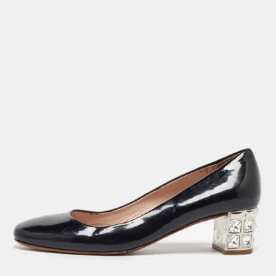 Pre-owned Miu Miu Black Patent Leather Crystal Embellished Block Heel Pumps Size 37