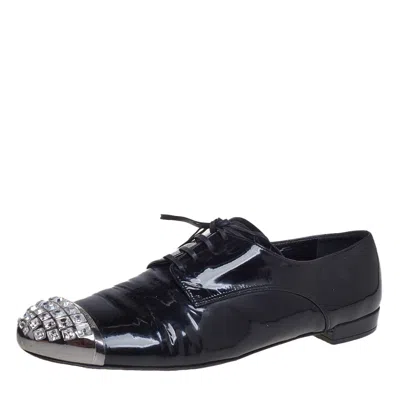 Pre-owned Miu Miu Black Patent Leather Crystal Embellished Cap Toe Oxfords Size 40