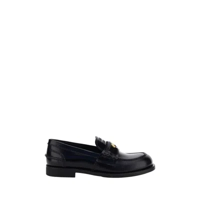 Miu Miu Mocassins In Leather With Metal Logo In Black
