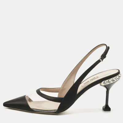 Pre-owned Miu Miu Black Satin And Pvc Crystal Embellished Slingback Pumps Size 39
