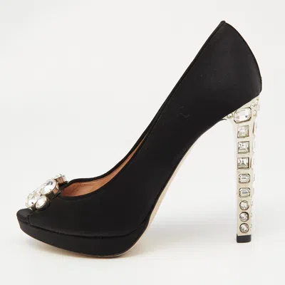 Pre-owned Miu Miu Black Satin Crystal Embellished Peep Toe Platform Pumps Size 37