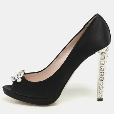 Pre-owned Miu Miu Black Satin Crystal Embellished Peep Toe Pumps Size 40