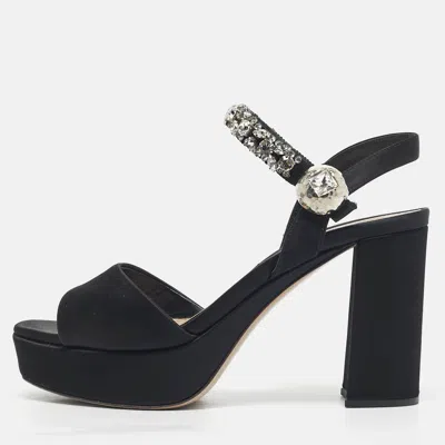 Pre-owned Miu Miu Black Satin Crystal Embellished Platform Ankle-strap Sandals Size 39