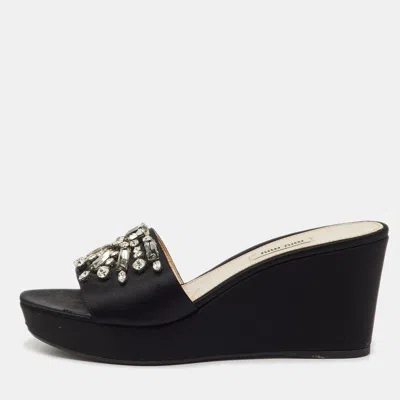 Pre-owned Miu Miu Black Satin Crystal Embellished Wedge Platform Open Toe Sandals Size 39