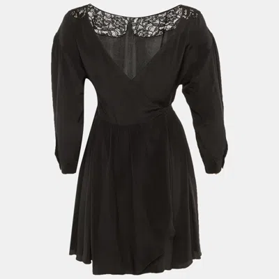 Pre-owned Miu Miu Black Silk Lace Detail Wrap Around Mini Dress Xs