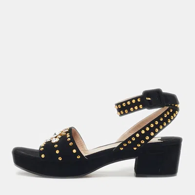 Pre-owned Miu Miu Black Suede Crystal Embellished Ankle Strap Sandals Size 40