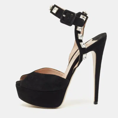 Pre-owned Miu Miu Black Suede Crystal Embellished Platform Ankle-strap Sandals Size 37.5