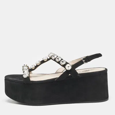 Pre-owned Miu Miu Black Suede Crystal Embellished Platform Sandals Size 39