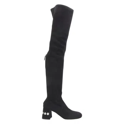 Pre-owned Miu Miu Black Suede Jewelled Crystal Heel Pull On Over Knee Boot Eu37