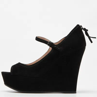 Pre-owned Miu Miu Black Suede Peep Toe Ankle Strap Wedges Size 38