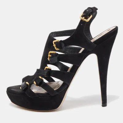 Pre-owned Miu Miu Black Suede Strappy Platform Sandals Size 36