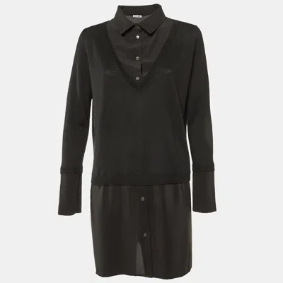 Pre-owned Miu Miu Black Wool Knit & Silk Long Sleeve Dress L