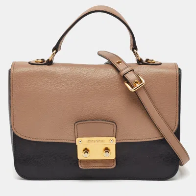 Pre-owned Miu Miu Black/beige Leather Push Lock Flap Top Handle Bag