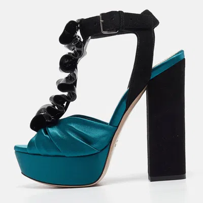 Pre-owned Miu Miu Black/green Satin And Suede Ankle Strap Sandals Size 35