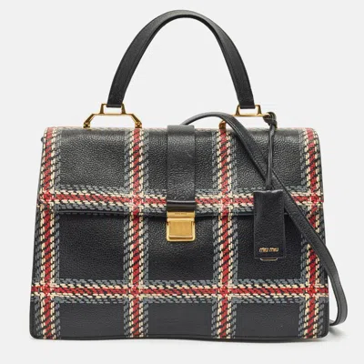 Pre-owned Miu Miu Black/multicolor Print Leather Madras Top Handle Bag