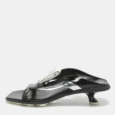 Pre-owned Miu Miu Black/white Patent And Leather Logo Slide Sandals Size 40.5