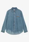 Miu Miu Logo Embroidery Chambray Denim Shirt In Blue
