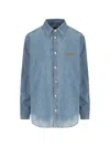 Miu Miu Logo Embroidery Chambray Denim Shirt In Blue