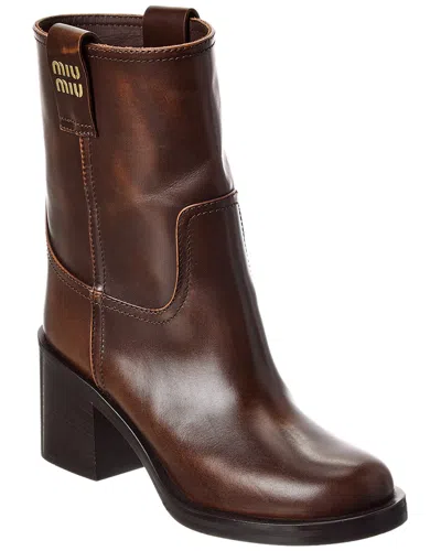 Miu Miu Block Leather Bootie In Brown