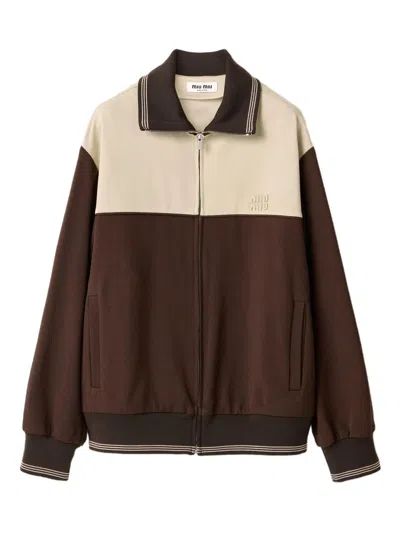 Miu Miu Zip-front Colorblock Knit Sweater In Brown