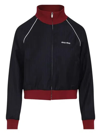 Miu Miu Pinstriped Zipper Blouson Jacket In Blue