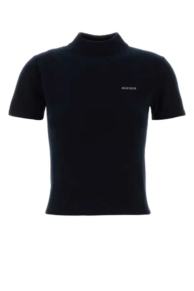 Miu Miu Cashmere Sweater With Mock Neck And Short Sleeves In Black