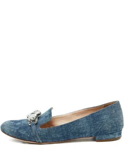 Pre-owned Miu Miu Crystal-embellishment Denim Loafers In Blue