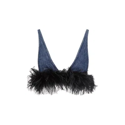 MIU MIU BLUE AND BLACK COTTON TOP WITH FEATHERS
