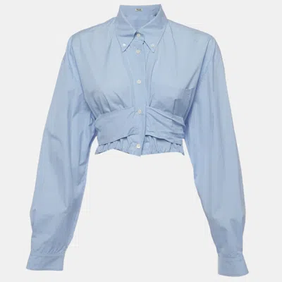 Pre-owned Miu Miu Blue Check Cotton Bow Tie Cropped Shirt M