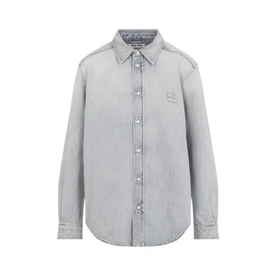 Miu Miu Embroidered Logo Washed Denim Shirt In Blue