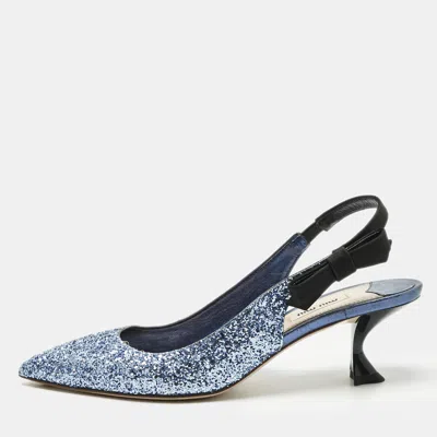 Pre-owned Miu Miu Blue Coarse Glitter Bow Slingback Pumps Size 40.5