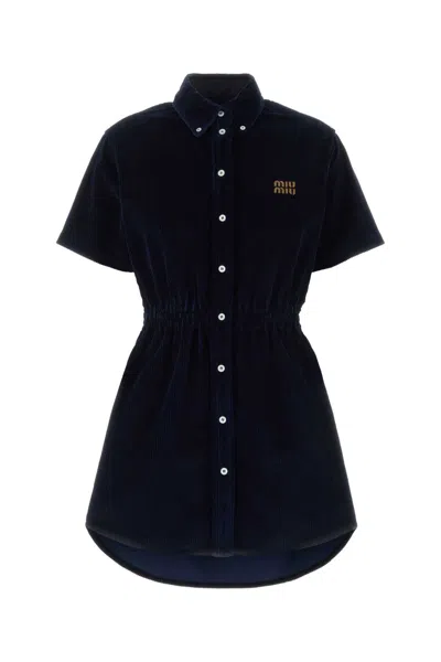 Miu Miu Corduroy Shirt Dress Elastic Waist Mini In Blue
