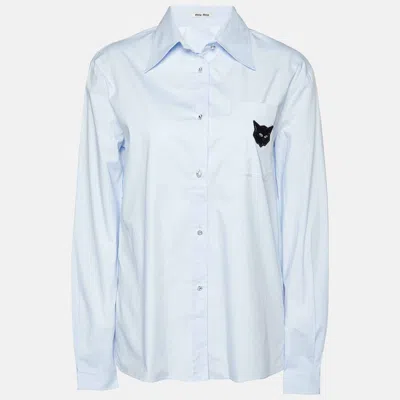 Pre-owned Miu Miu Blue Cotton Cat Appliqued Long Sleeve Shirt S
