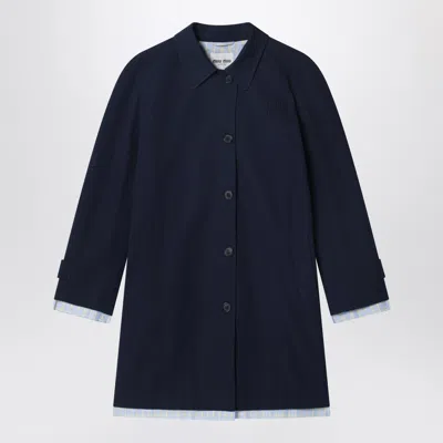 Miu Miu Logo Embroidered Overcoat In Blue