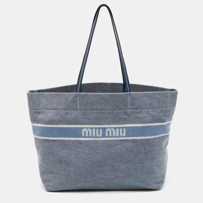 Pre-owned Miu Miu Blue Denim And Leather Logo Shopper Tote