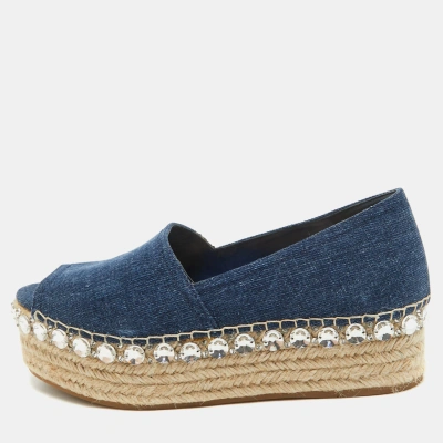 Pre-owned Miu Miu Blue Denim Crystal Embellished Platform Espadrille Flats Size 38