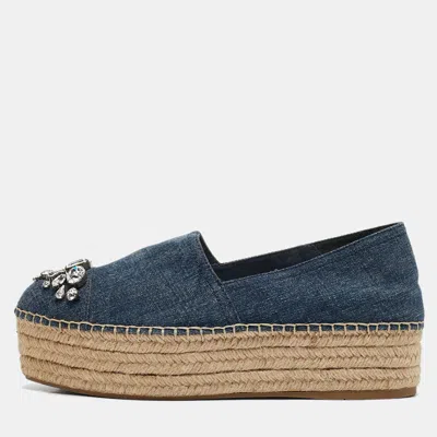 Pre-owned Miu Miu Blue Denim Crystal Embellished Platform Espadrille Flats Size 40