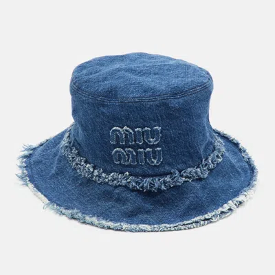 Pre-owned Miu Miu Blue Distressed Detail Denim Bucket Hat M