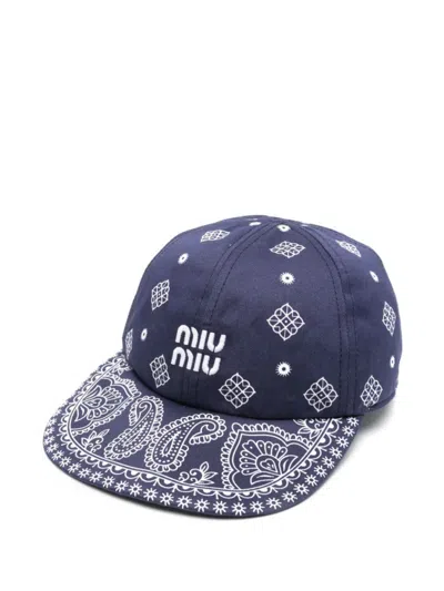 Miu Miu Blue Drill Printed Baseball Hat In Neutral