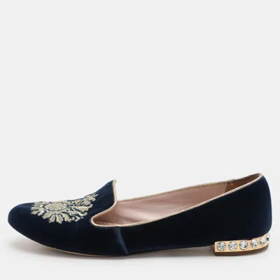 Pre-owned Miu Miu Blue Embroidered Velvet Crystal Embellished Smoking Slippers Size 37