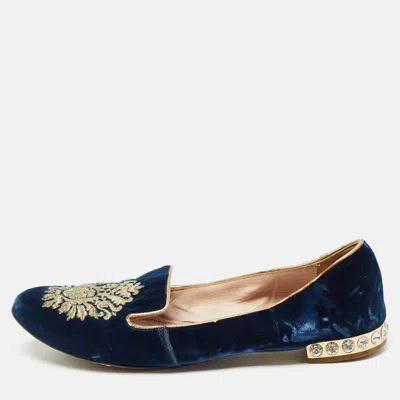 Pre-owned Miu Miu Blue Embroidered Velvet Crystal Embellished Smoking Slippers Size 37