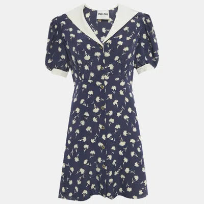 Pre-owned Miu Miu Blue Floral Print Silk Mini Dress M