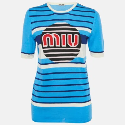 Pre-owned Miu Miu Blue Intrasia Wool Knit Short Sleeve Sweater M