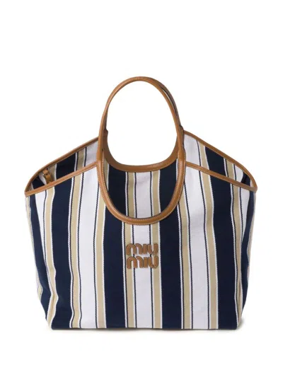 Miu Miu Ivy Striped Tote Bag In Brown