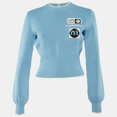 Pre-owned Miu Miu Blue Knit Intarsia Logo Detail Long Sleeve Top S