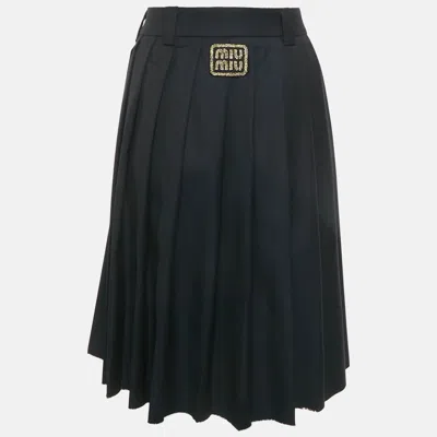 Pre-owned Miu Miu Blue Logo Applique Wool Pleated Knee Length Skirt M