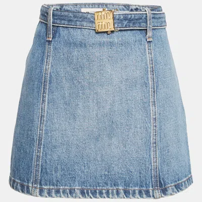 Pre-owned Miu Miu Blue Logo Detail Belt Denim Mini Skirt Xs/waist 25"