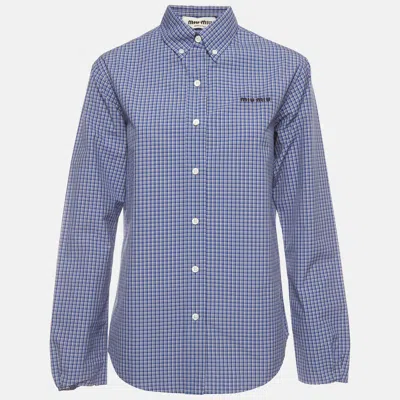 Pre-owned Miu Miu Blue Logo Embroidered Checked Cotton Shirt S