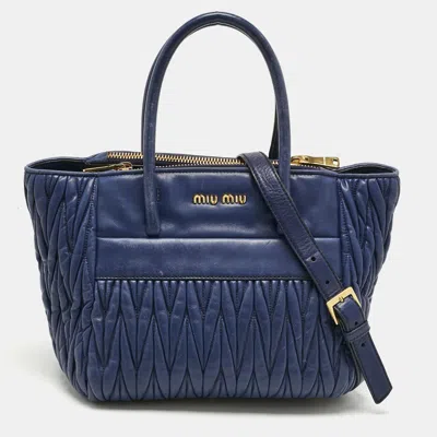 Pre-owned Miu Miu Blue Matelassé Leather Double Zip Tote
